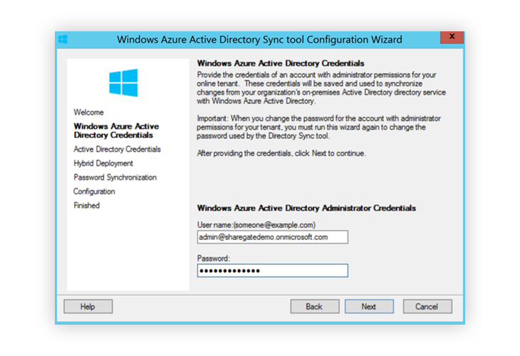 Window Azure Active Directory Sync Administrator Credentials