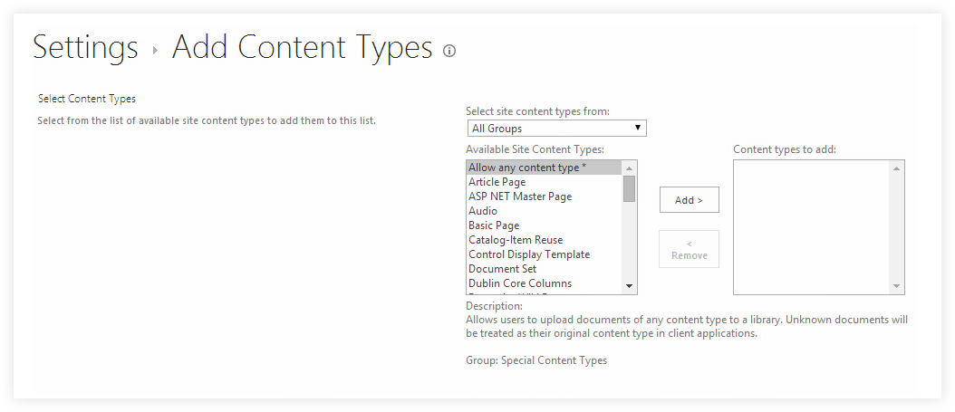 Content Types Settings in SharePoint