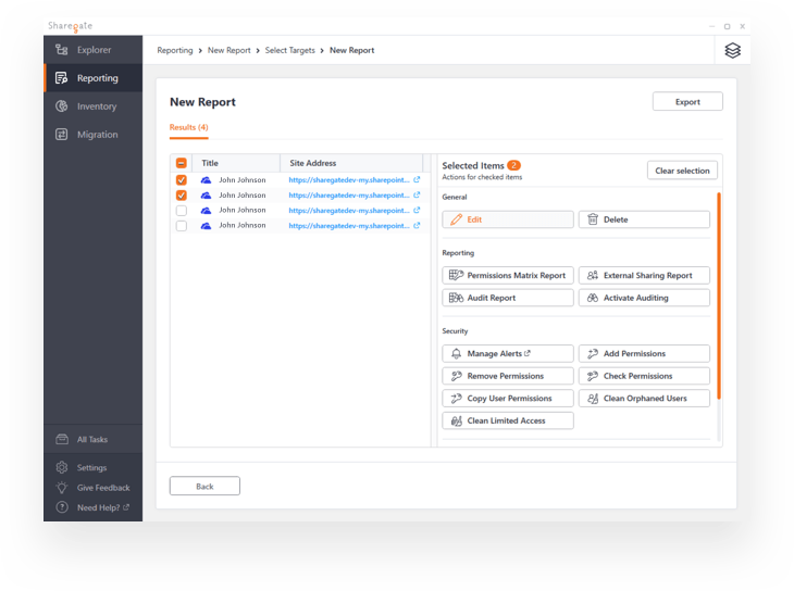 Setting administrators OneDrive for Business in Sharegate report