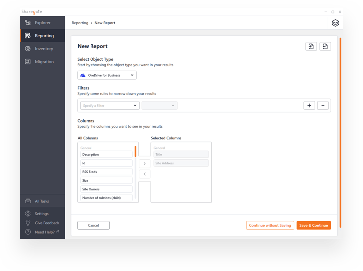 Performing a search with custom report in Sharegate