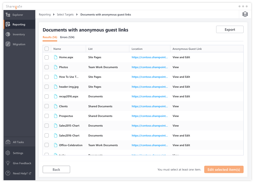 Document with anonymous guest links enabled report results