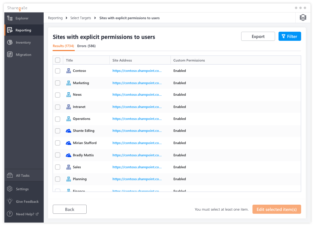 Site with explicit permissions to users report results