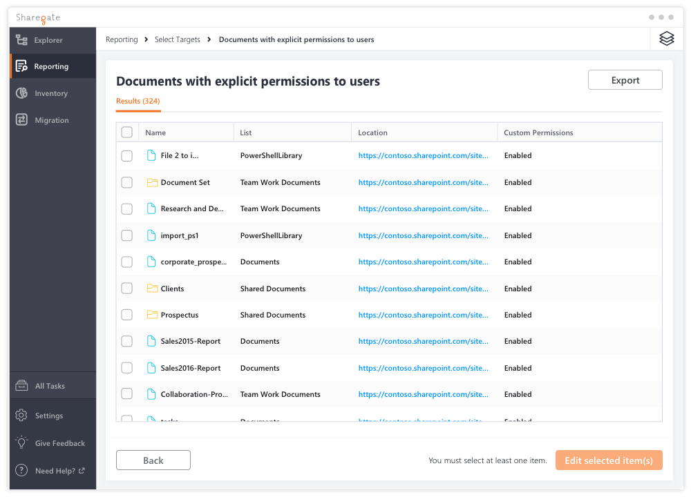 Document with explicit permissions to users report results
