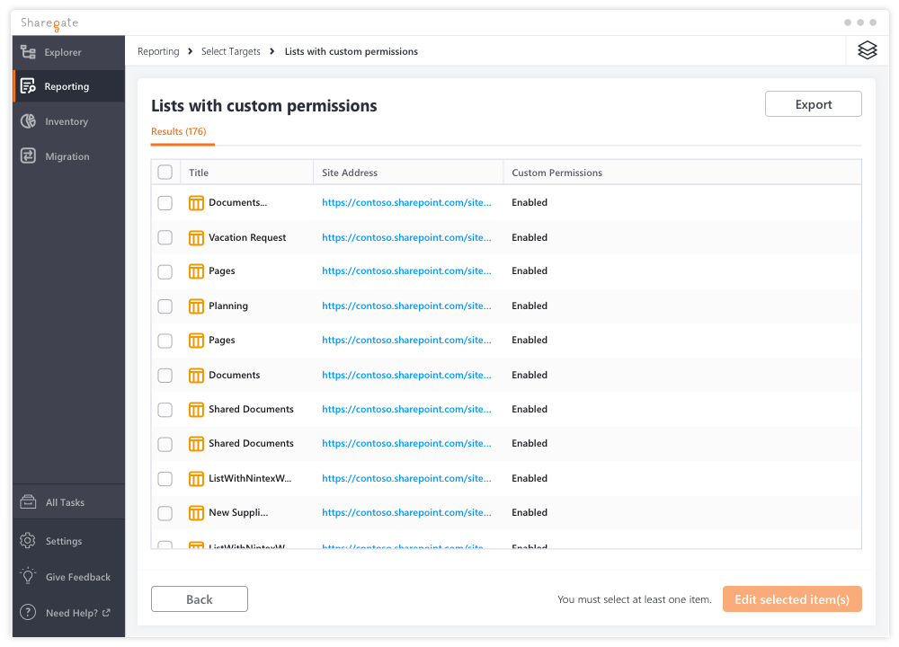 Lists with custom permissions report results