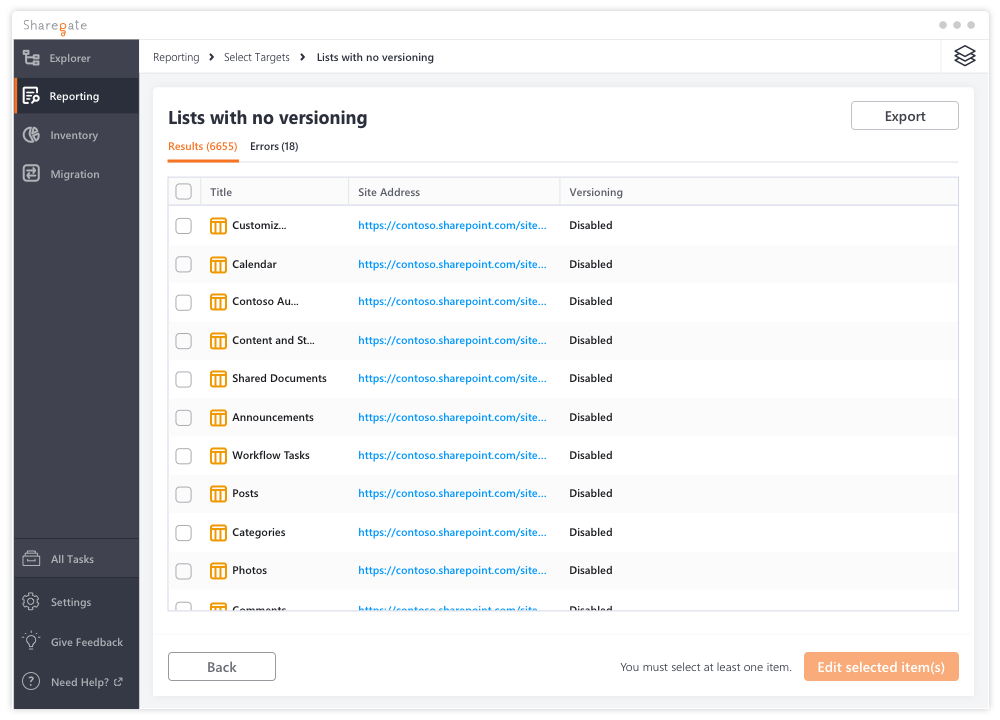 List with no versioning report results