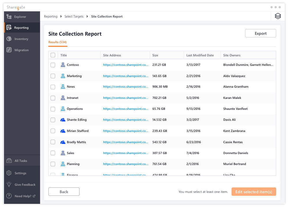 Site Collection report results