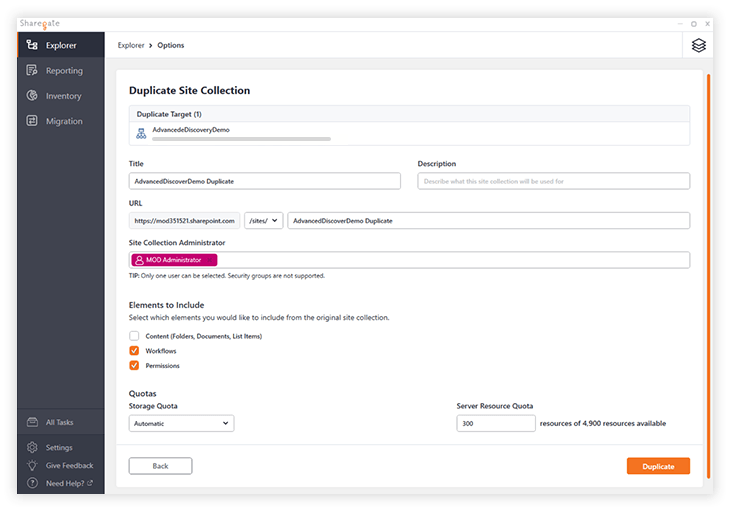 Action of duplicating a shite collection in Sharegate