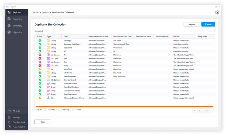 Results page after duplicating a site collection in Sharegate