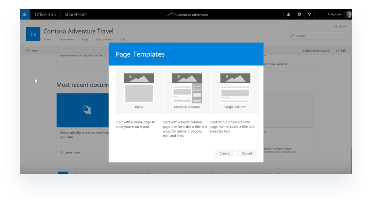 Office 365 SharePoint Pages Layouts for Team Sites