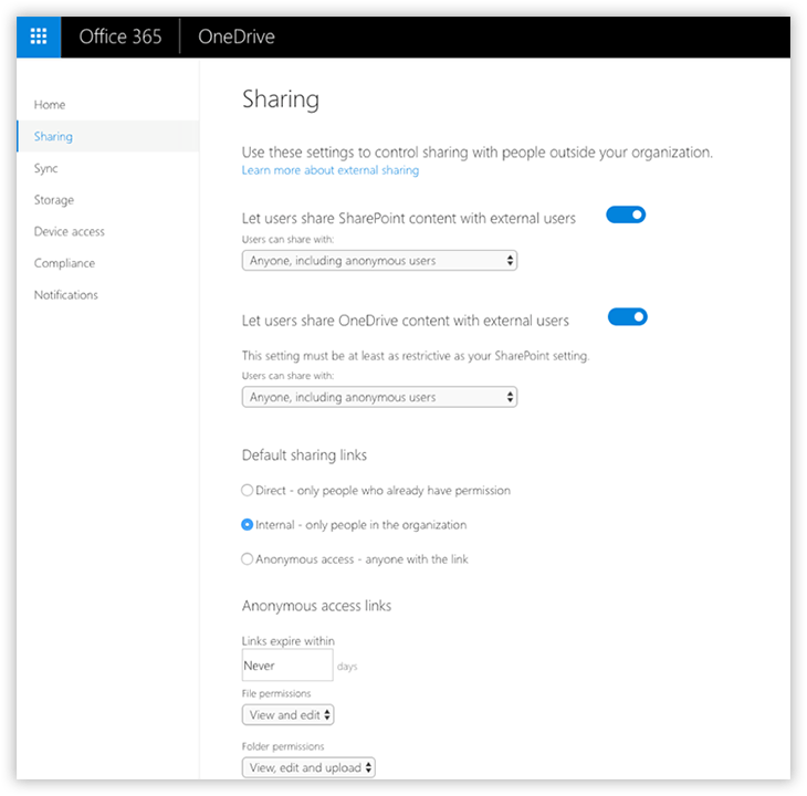 External Sharing Settings in OneDrive Admin Center