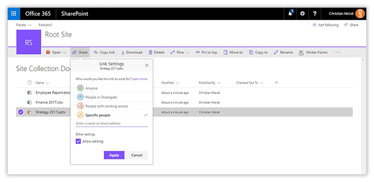 Sharing a document with an authenticated external user