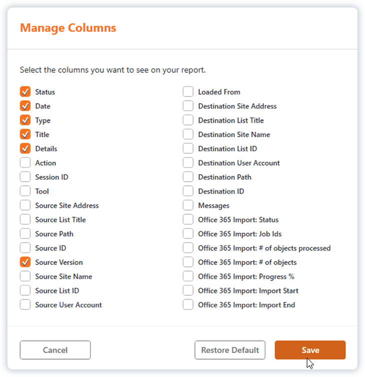 Manage columns in Sharegate