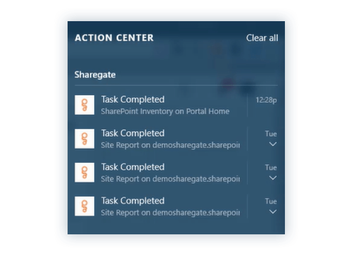 Microsoft Action Center Sharegate Notifications