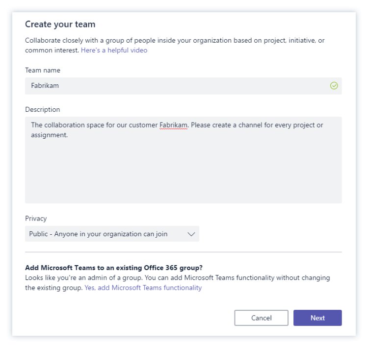 Creating a new team
