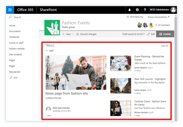 News web part in a team site