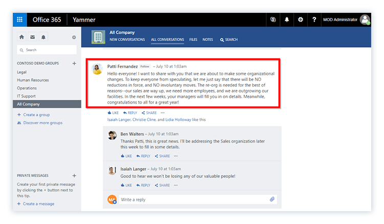 Microsoft yammer announcement