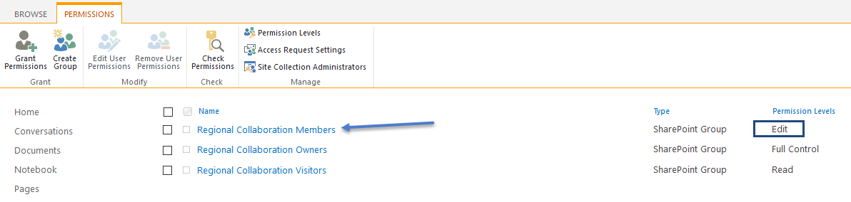 Team site member permissions