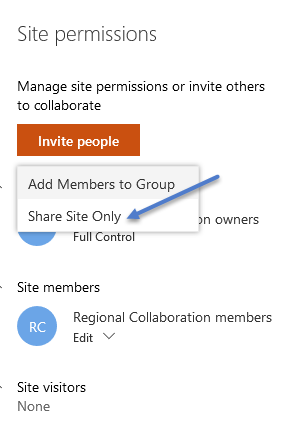 Group permissions share site only